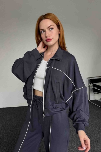 TKM-03651 Füme Çizgili Modal Kumaş Fermuarlı Hırka Salaş Eşofman İkili Takım (1)