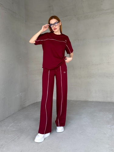 TKM-03653 Bordo Muadil Kumaş Bisiklet Yaka Tshirt Bel Lastikli Palazzo Alt Biyeli İkili Takım - Cappmoda