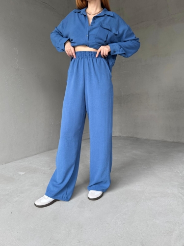 TKM-03661 Mavi Bel Bağlamalı Cepli Salaş Gömlek Palazzo Pantolon İkili Takım - 3