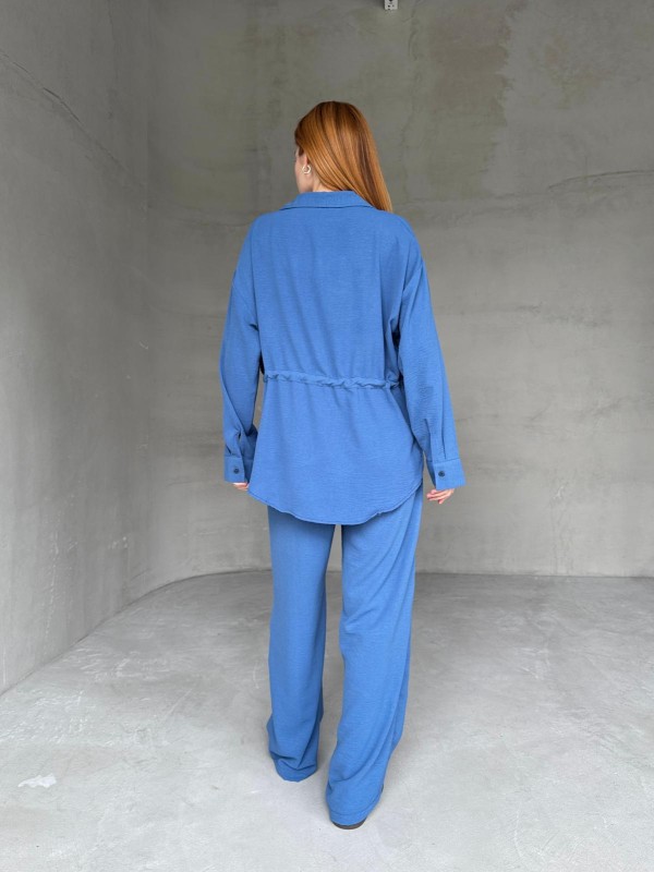 TKM-03661 Mavi Bel Bağlamalı Cepli Salaş Gömlek Palazzo Pantolon İkili Takım - 7