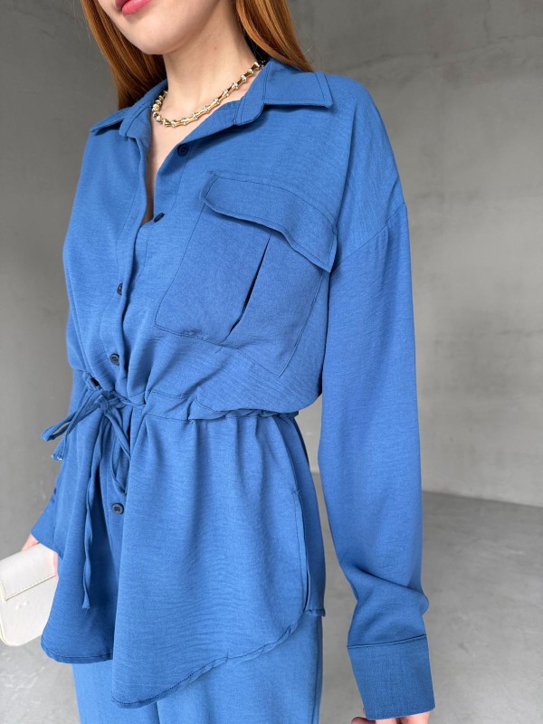 TKM-03661 Mavi Bel Bağlamalı Cepli Salaş Gömlek Palazzo Pantolon İkili Takım - 2