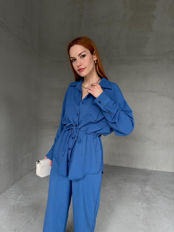TKM-03661 Mavi Bel Bağlamalı Cepli Salaş Gömlek Palazzo Pantolon İkili Takım - 5