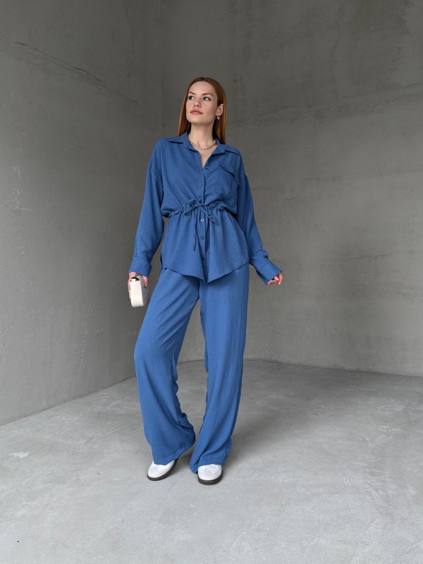 TKM-03661 Mavi Bel Bağlamalı Cepli Salaş Gömlek Palazzo Pantolon İkili Takım - 4