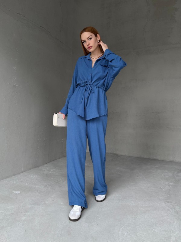 TKM-03661 Mavi Bel Bağlamalı Cepli Salaş Gömlek Palazzo Pantolon İkili Takım - 1