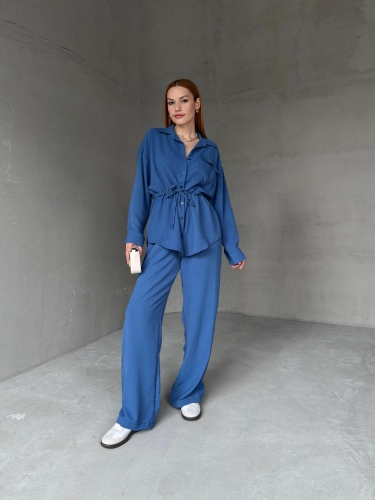 TKM-03661 Mavi Bel Bağlamalı Cepli Salaş Gömlek Palazzo Pantolon İkili Takım - 6
