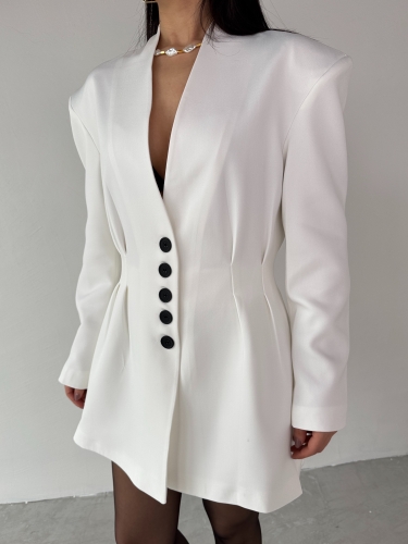 TKM-03683 Beyaz Vatkalı Ön Düğmeli Blazer Ceket Mini Etek İkili Takım - 5