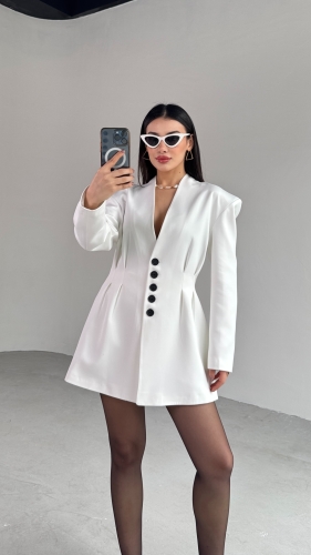 TKM-03683 Beyaz Vatkalı Ön Düğmeli Blazer Ceket Mini Etek İkili Takım - 6