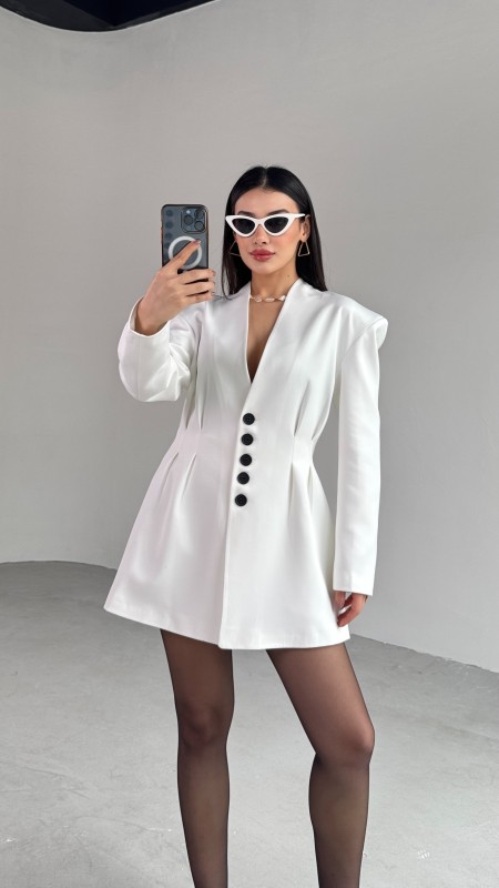 TKM-03683 Beyaz Vatkalı Ön Düğmeli Blazer Ceket Mini Etek İkili Takım - 6