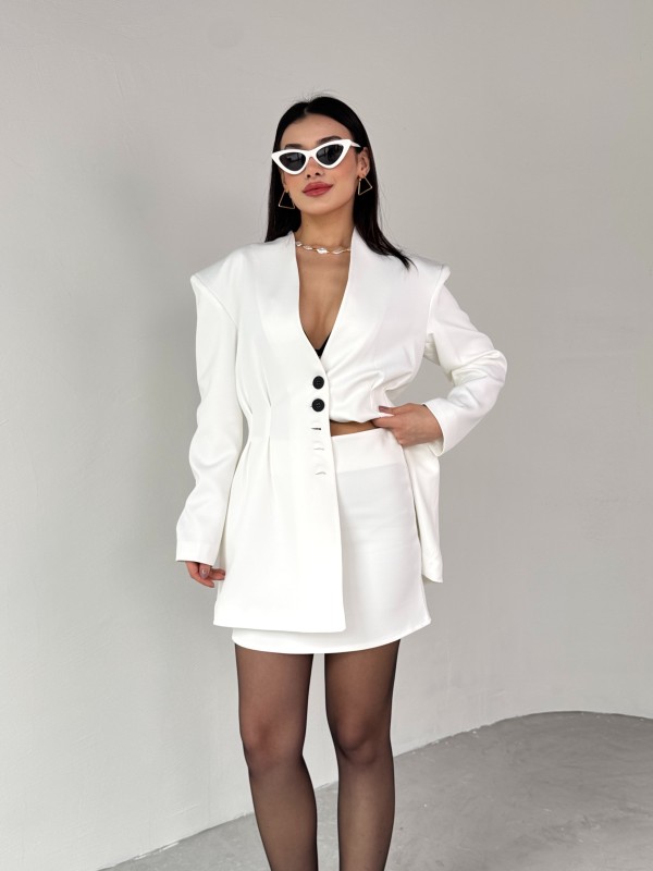 TKM-03683 Beyaz Vatkalı Ön Düğmeli Blazer Ceket Mini Etek İkili Takım - 2