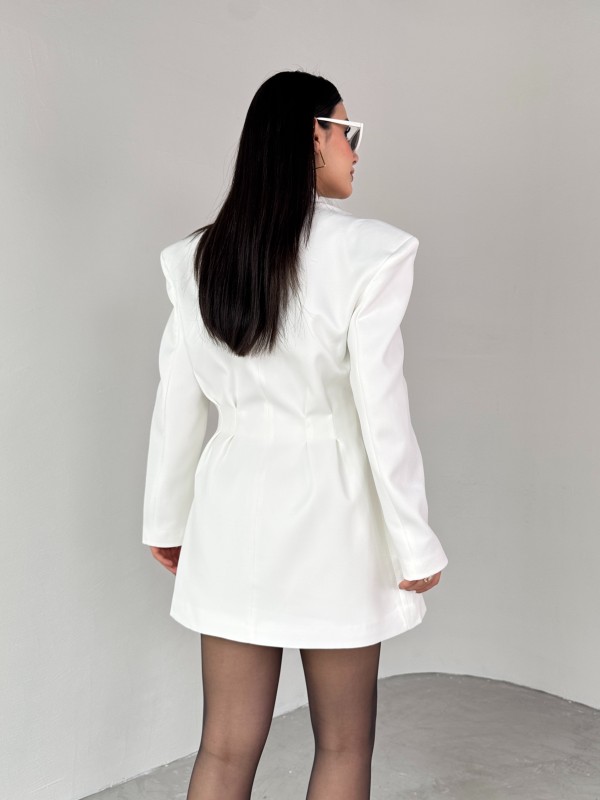 TKM-03683 Beyaz Vatkalı Ön Düğmeli Blazer Ceket Mini Etek İkili Takım - 9