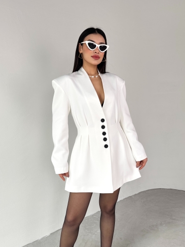 TKM-03683 Beyaz Vatkalı Ön Düğmeli Blazer Ceket Mini Etek İkili Takım - 1