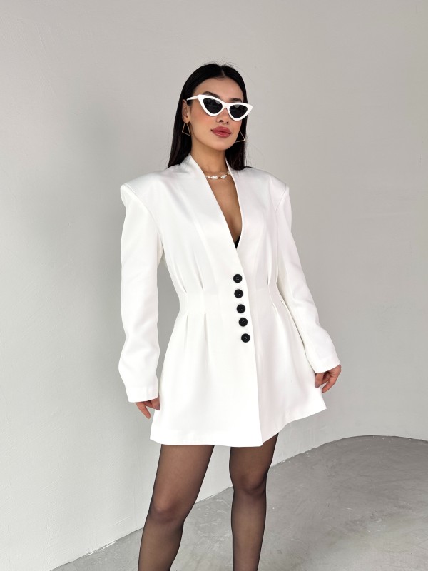 TKM-03683 Beyaz Vatkalı Ön Düğmeli Blazer Ceket Mini Etek İkili Takım - 1