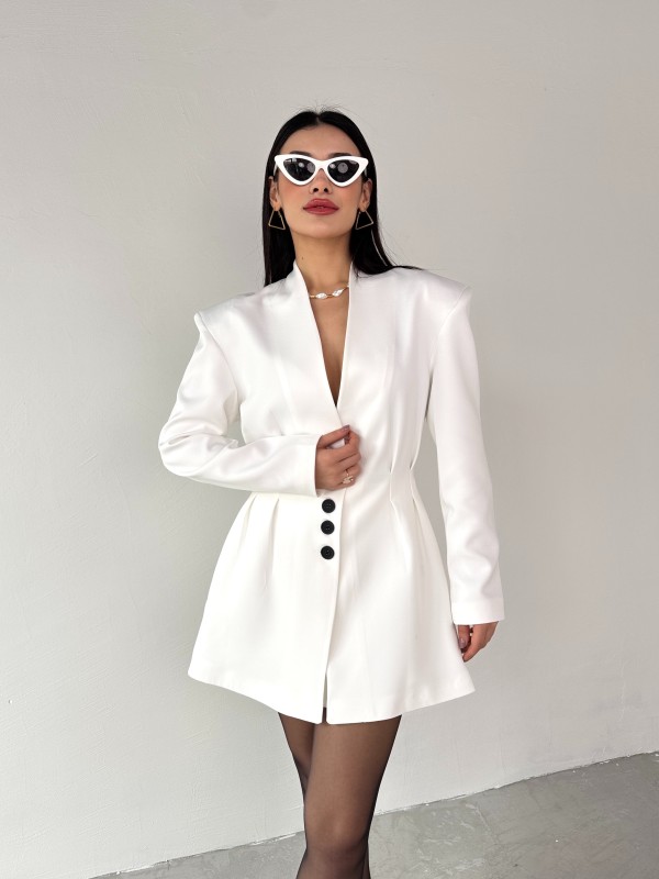 TKM-03683 Beyaz Vatkalı Ön Düğmeli Blazer Ceket Mini Etek İkili Takım - 7