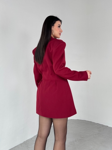 TKM-03683 Bordo Vatkalı Ön Düğmeli Blazer Ceket Mini Etek İkili Takım - 9