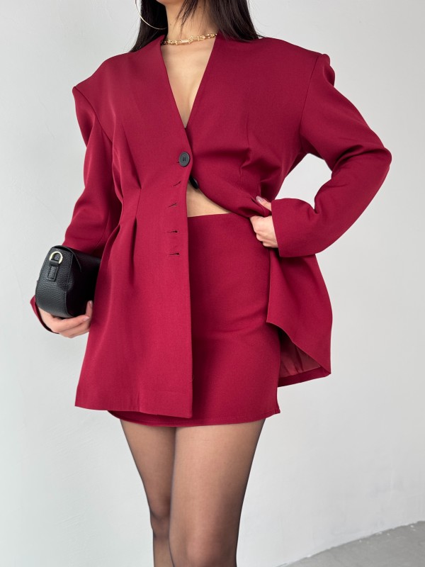 TKM-03683 Bordo Vatkalı Ön Düğmeli Blazer Ceket Mini Etek İkili Takım - 2