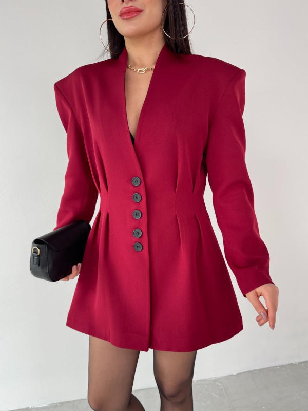 TKM-03683 Bordo Vatkalı Ön Düğmeli Blazer Ceket Mini Etek İkili Takım - 4