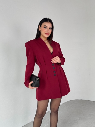 TKM-03683 Bordo Vatkalı Ön Düğmeli Blazer Ceket Mini Etek İkili Takım - 3