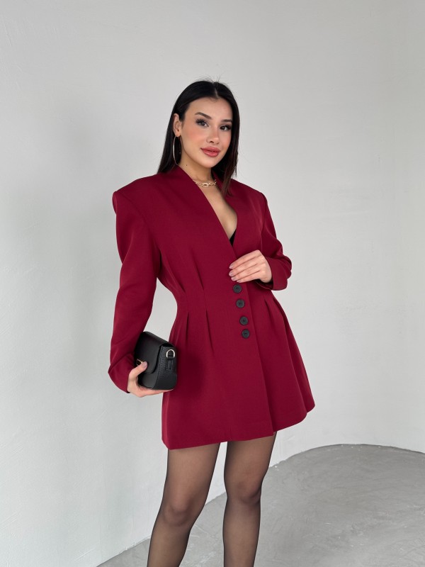 TKM-03683 Bordo Vatkalı Ön Düğmeli Blazer Ceket Mini Etek İkili Takım - 3