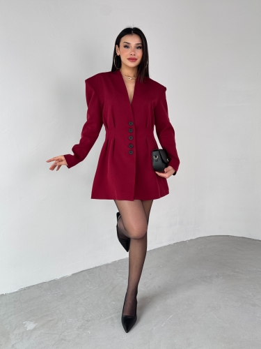 TKM-03683 Bordo Vatkalı Ön Düğmeli Blazer Ceket Mini Etek İkili Takım 