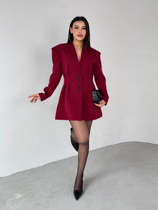 TKM-03683 Bordo Vatkalı Ön Düğmeli Blazer Ceket Mini Etek İkili Takım - 1