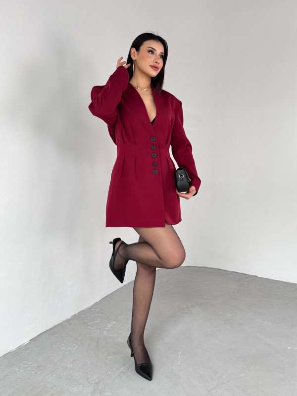 TKM-03683 Bordo Vatkalı Ön Düğmeli Blazer Ceket Mini Etek İkili Takım - 5