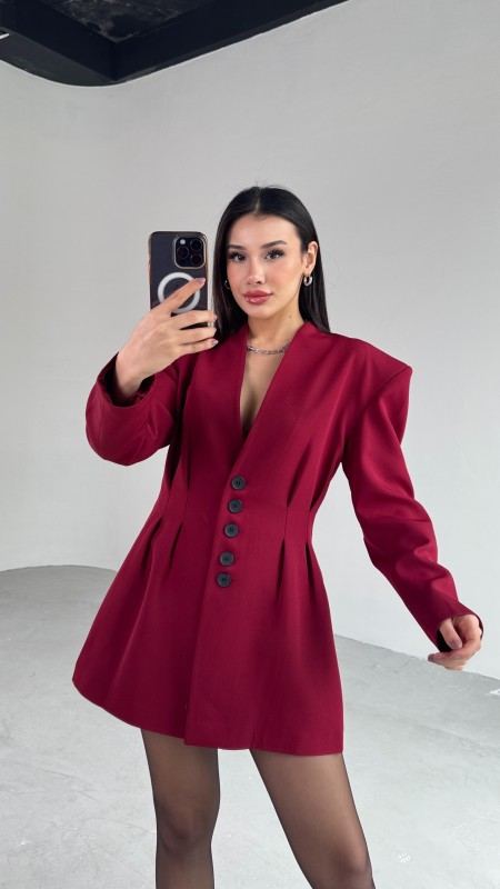 TKM-03683 Bordo Vatkalı Ön Düğmeli Blazer Ceket Mini Etek İkili Takım - 7