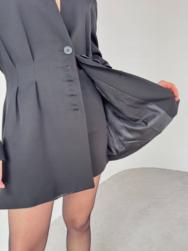 TKM-03683 Siyah Vatkalı Ön Düğmeli Blazer Ceket Mini Etek İkili Takım - 5