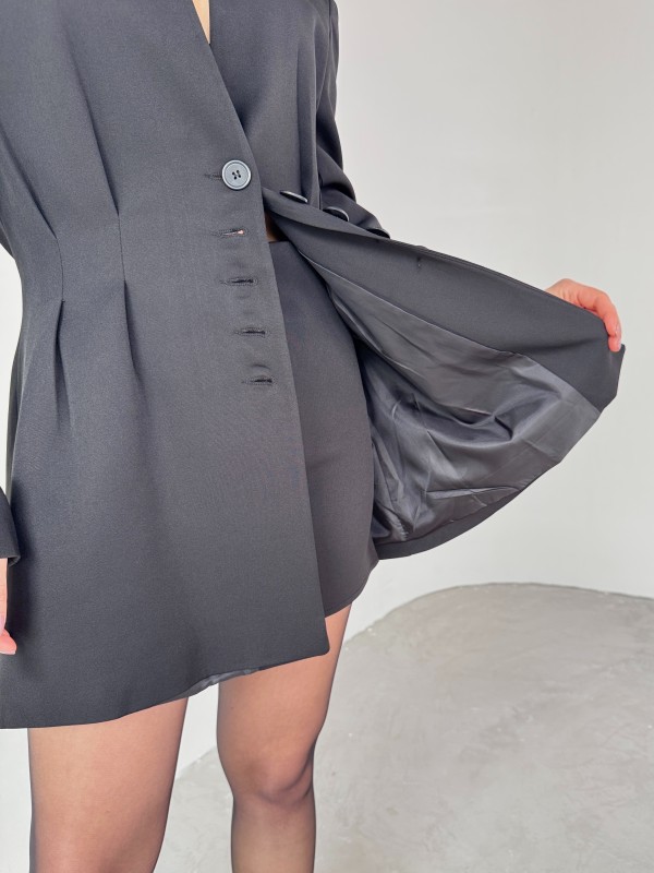 TKM-03683 Siyah Vatkalı Ön Düğmeli Blazer Ceket Mini Etek İkili Takım - 5