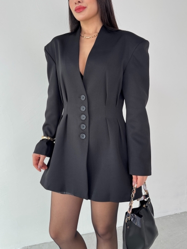 TKM-03683 Siyah Vatkalı Ön Düğmeli Blazer Ceket Mini Etek İkili Takım - 4