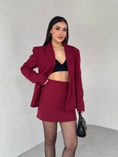 TKM-03685 Bordo İki Düğmeli Kruvaze Yaka Ceket Mini Etek İkili Takım - 2