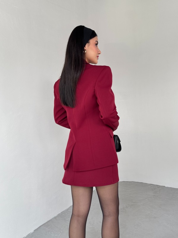 TKM-03685 Bordo İki Düğmeli Kruvaze Yaka Ceket Mini Etek İkili Takım - 3