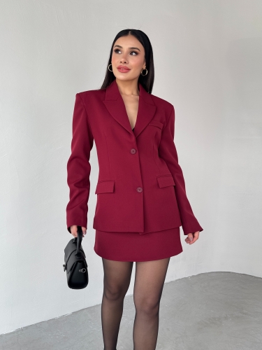 TKM-03685 Bordo İki Düğmeli Kruvaze Yaka Ceket Mini Etek İkili Takım - 1