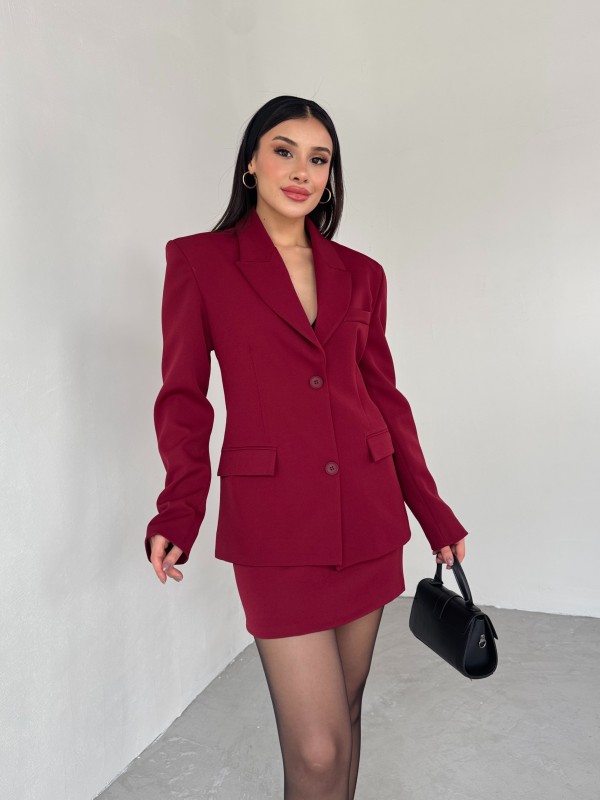 TKM-03685 Bordo İki Düğmeli Kruvaze Yaka Ceket Mini Etek İkili Takım - 5