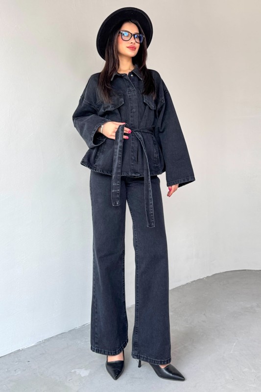 TKM-03688 Siyah Denim Kuşaklı Ceket Jean İkili Takım - 3