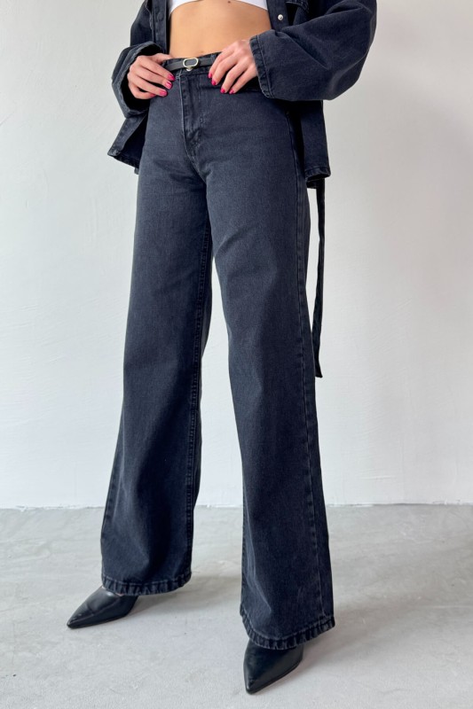 TKM-03688 Siyah Denim Kuşaklı Ceket Jean İkili Takım - 4