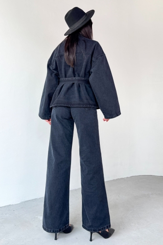 TKM-03688 Siyah Denim Kuşaklı Ceket Jean İkili Takım - 5