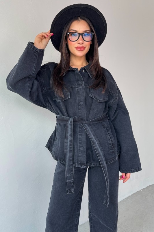 TKM-03688 Siyah Denim Kuşaklı Ceket Jean İkili Takım - 2