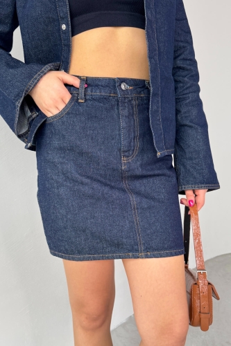 TKM-03702 Lacivert Çıtçıtlı Kot Ceket Mini Etek İkili Takım - 3