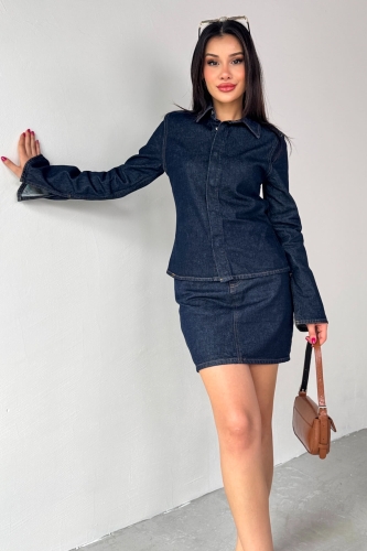 TKM-03702 Lacivert Çıtçıtlı Kot Ceket Mini Etek İkili Takım - 4