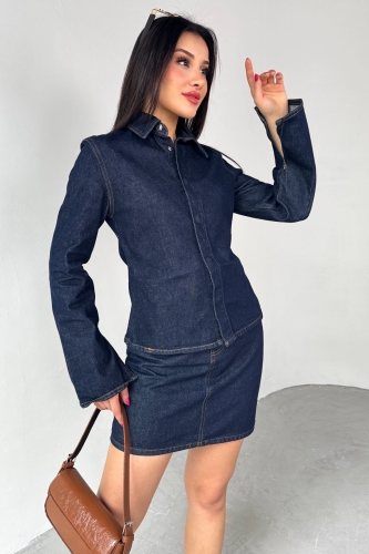 TKM-03702 Lacivert Çıtçıtlı Kot Ceket Mini Etek İkili Takım - Cappmoda (1)