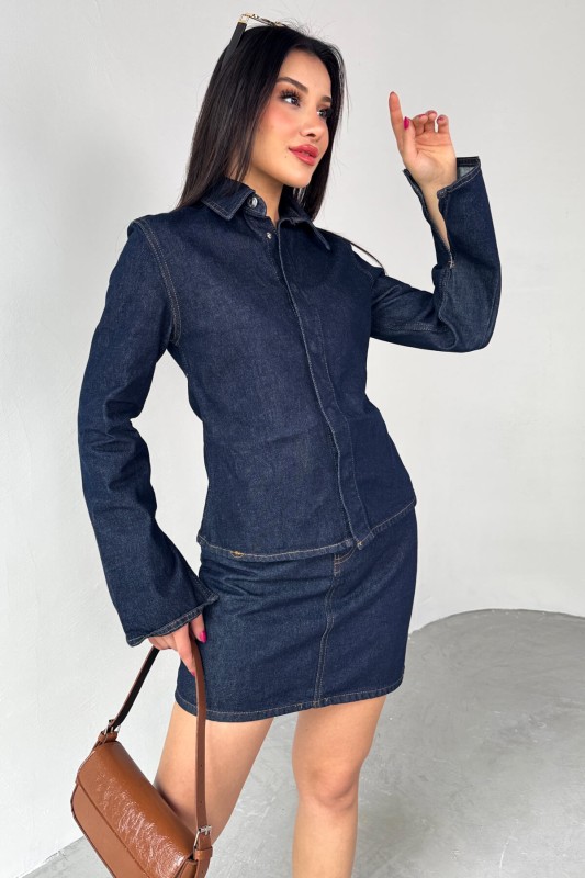 TKM-03702 Lacivert Çıtçıtlı Kot Ceket Mini Etek İkili Takım - 2