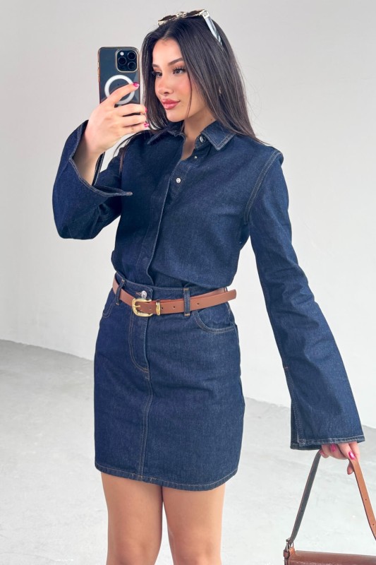 TKM-03702 Lacivert Çıtçıtlı Kot Ceket Mini Etek İkili Takım - 5