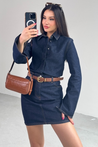 TKM-03702 Lacivert Çıtçıtlı Kot Ceket Mini Etek İkili Takım - Cappmoda