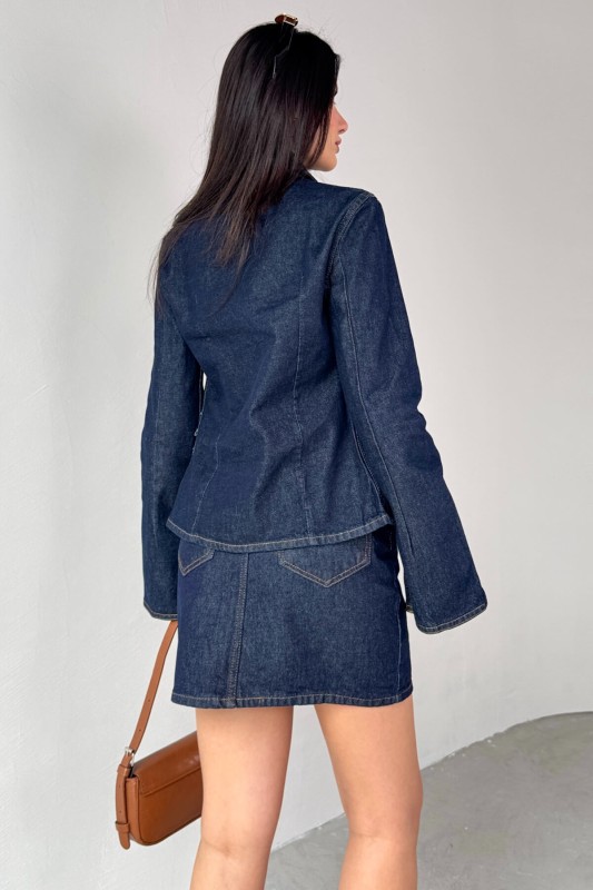 TKM-03702 Lacivert Çıtçıtlı Kot Ceket Mini Etek İkili Takım - 6