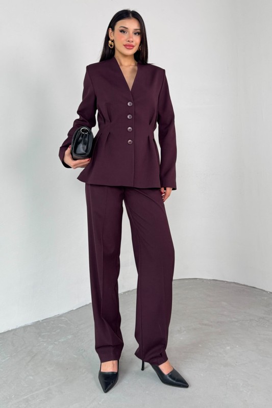 TKM-03708 Mürdüm Pensli Düğmeli Ceket Pantolon Casual Takım - 1