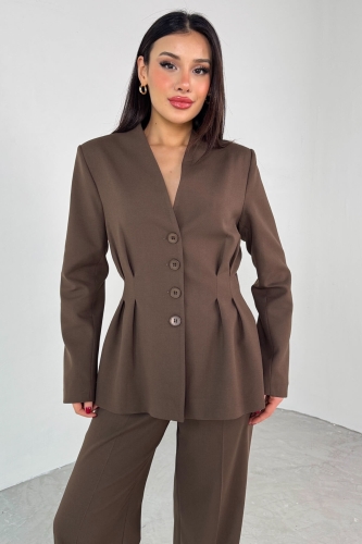 TKM-03708 Kahverengi Pensli Düğmeli Ceket Pantolon Casual Takım - 2
