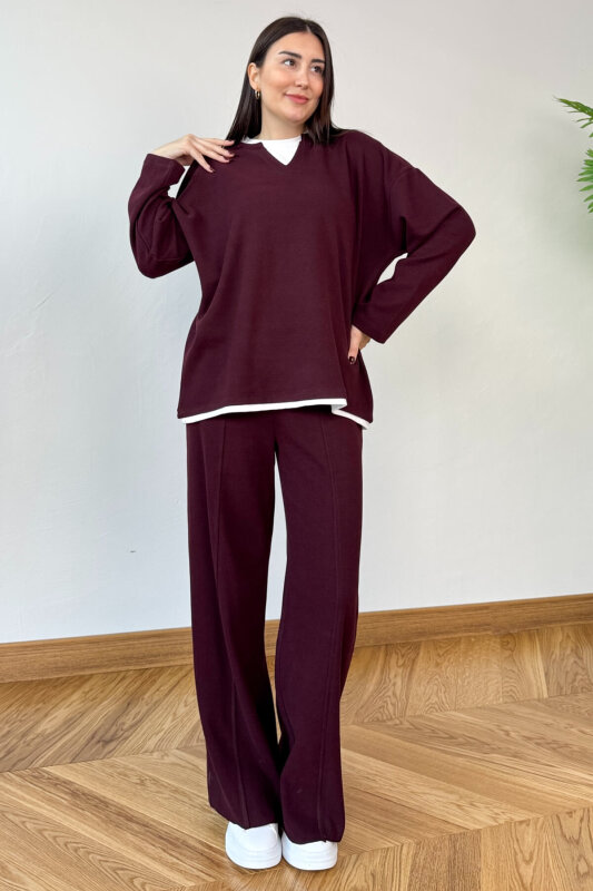 TKM-1052 Bordo Tişört Detaylı V Yaka Selanik Triko & Salaş Pantolon İkili Takım - 3