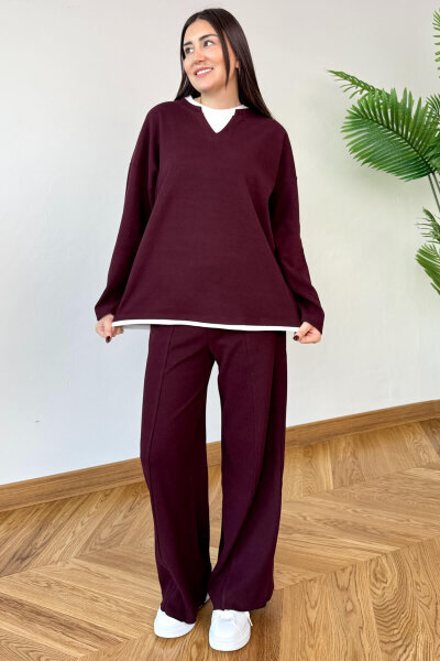TKM-1052 Bordo Tişört Detaylı V Yaka Selanik Triko & Salaş Pantolon İkili Takım - 4