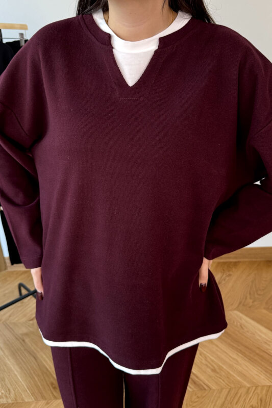 TKM-1052 Bordo Tişört Detaylı V Yaka Selanik Triko & Salaş Pantolon İkili Takım - 5