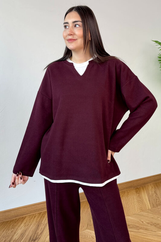 TKM-1052 Bordo Tişört Detaylı V Yaka Selanik Triko & Salaş Pantolon İkili Takım - 2